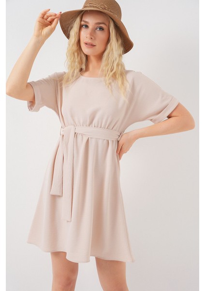 Kadın BDART Kemerli İkili Mini Elbise Krem Doğal