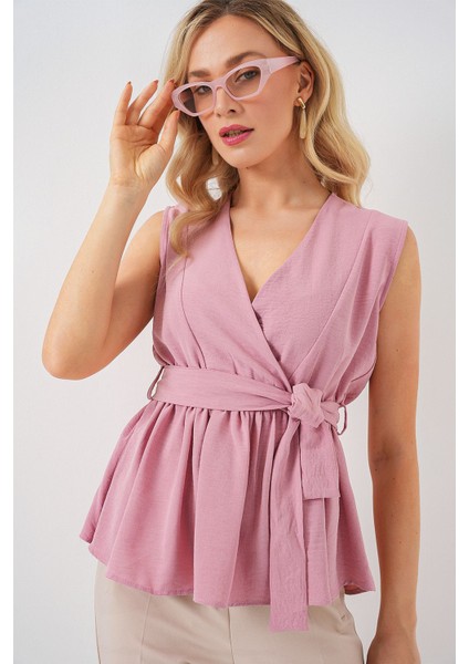 Kadın BDART V Yaka Bağlama Yaylı Bluz Pink
