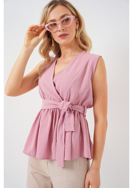 Kadın BDART V Yaka Bağlama Yaylı Bluz Pink