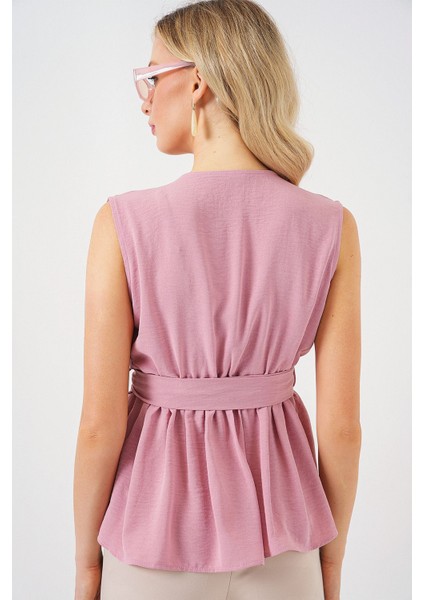 Kadın BDART V Yaka Bağlama Yaylı Bluz Pink
