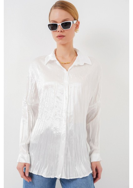 Kadın BDART Düğmeli Kapatma ile Dokulu Saten Uzun Kollu Gömlek Beyaz