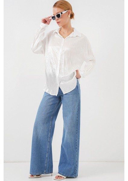 Kadın BDART Düğmeli Kapatma ile Dokulu Saten Uzun Kollu Gömlek Beyaz