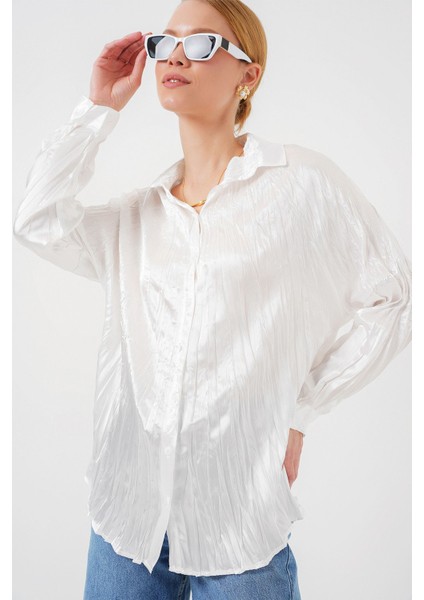 Kadın BDART Düğmeli Kapatma ile Dokulu Saten Uzun Kollu Gömlek Beyaz