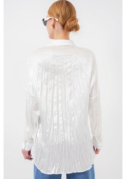 Kadın BDART Düğmeli Kapatma ile Dokulu Saten Uzun Kollu Gömlek Beyaz