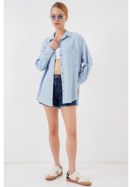 Kadın BDART Cepli Uzun Kollu Oversize Keten Karışımlı Gömlek Blue
