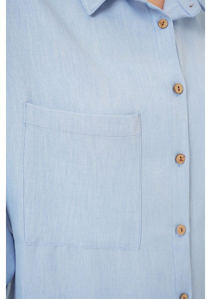 Kadın BDART Cepli Uzun Kollu Oversize Keten Karışımlı Gömlek Blue