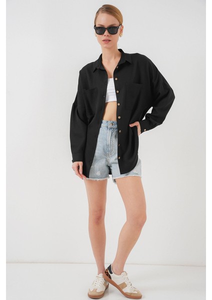Kadın BDART Cepli Uzun Kollu Oversize Keten Karışımlı Gömlek Black