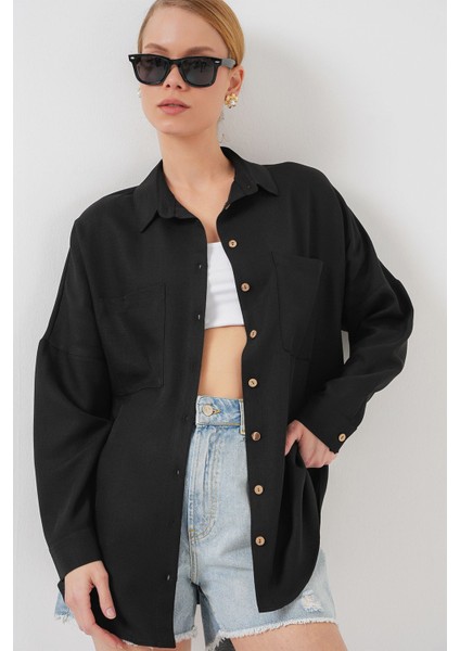 Kadın BDART Cepli Uzun Kollu Oversize Keten Karışımlı Gömlek Black