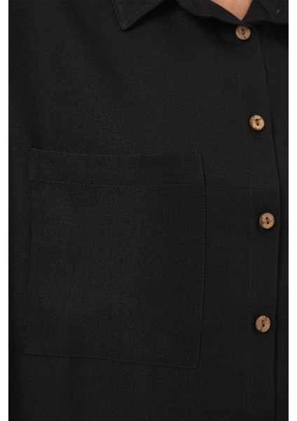 Kadın BDART Cepli Uzun Kollu Oversize Keten Karışımlı Gömlek Black