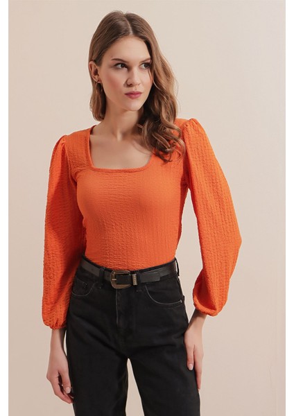 Kadın BDART Dokulu Kare Yaka Uzun Kollu Bluz Orange