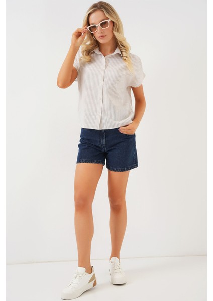 Kadın BDART Çizgili Poplin Düğmeli Gömlek Natural