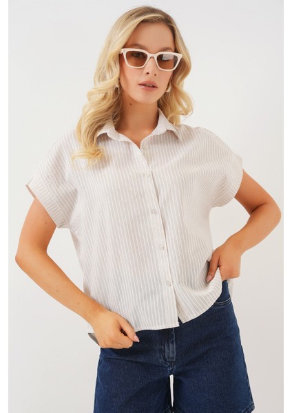 Kadın BDART Çizgili Poplin Düğmeli Gömlek Natural