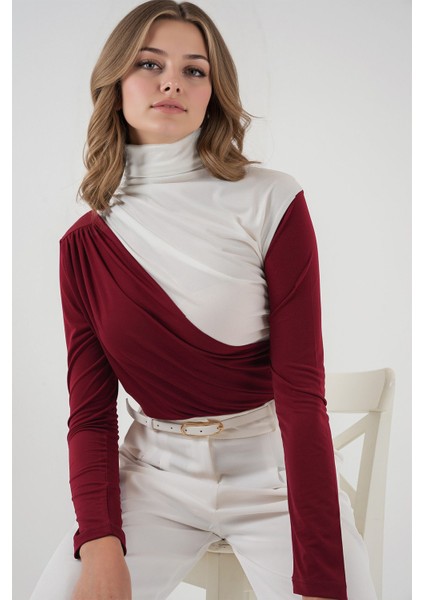 Kadın BDART Fırfırlı Renk Bloklu Yüksek Yaka Bluz Bordo Kırmızı indirimleri