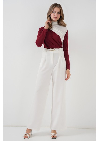 Kadın BDART Fırfırlı Renk Bloklu Yüksek Yaka Bluz Bordo Kırmızı