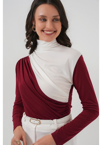 Kadın BDART Fırfırlı Renk Bloklu Yüksek Yaka Bluz Bordo Kırmızı