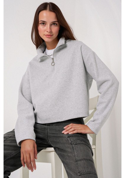 Kadın BDART Rahat Fit, Fermuarlı Yaka Kısa Kazak Gri
