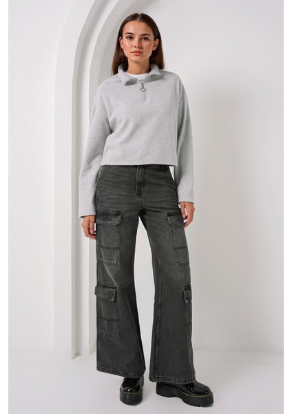 Kadın BDART Rahat Fit, Fermuarlı Yaka Kısa Kazak Gri fiyatları