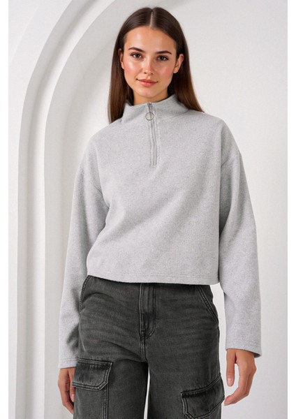 Kadın BDART Rahat Fit, Fermuarlı Yaka Kısa Kazak Gri modelleri