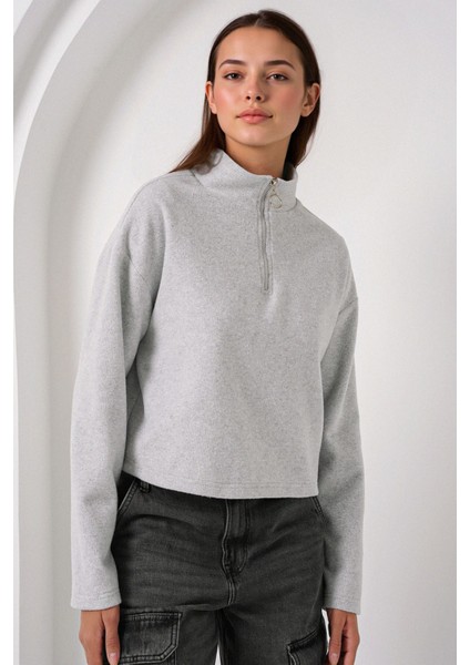 Kadın BDART Rahat Fit, Fermuarlı Yaka Kısa Kazak Gri fırsatları