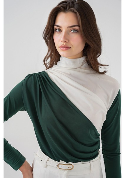 Kadın BDART Fırfırlı Renk Bloklu Yüksek Yaka Bluz Zümrüt Yeşili