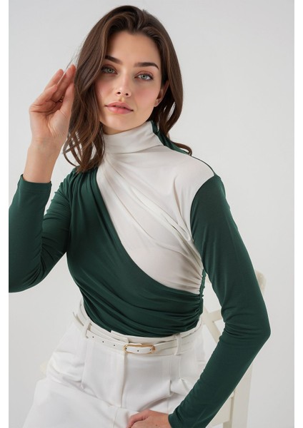 Kadın BDART Fırfırlı Renk Bloklu Yüksek Yaka Bluz Zümrüt Yeşili