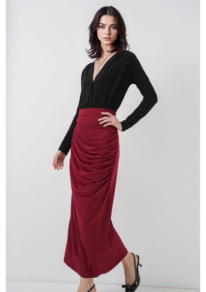 Kadın BDART Kaplamalı Fitted Midi Jersey Etek Bordo Kırmızı