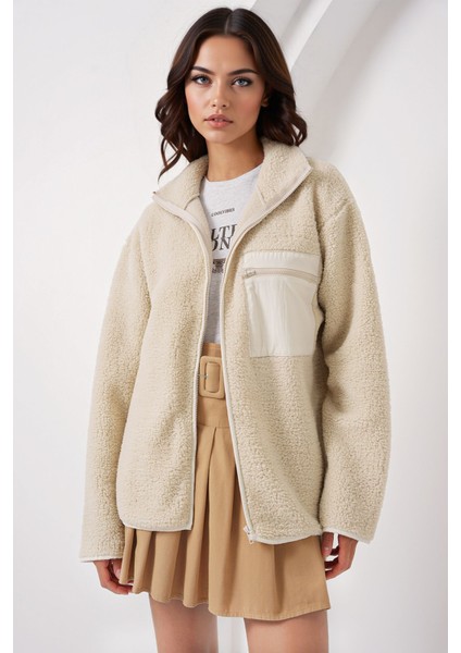 Kadın BDART Cep Detaylı Oversize Peluş Ceket Krem Doğal