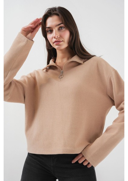 Kadın BDART Rahat Fit, Fermuarlı Yaka Kısa Kazak Brown