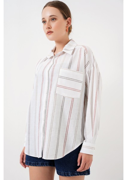 Kadın BDART Cep Detaylı Oversize Çizgili Pamuklu Gömlek White