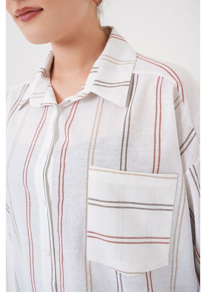 Kadın BDART Cep Detaylı Oversize Çizgili Pamuklu Gömlek White