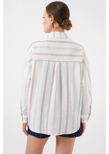 Kadın BDART Cep Detaylı Oversize Çizgili Pamuklu Gömlek White