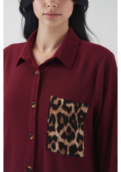 Kadın BDART Leopar Desenli Cep Butonlu Uzun Kollu Gömlek Red