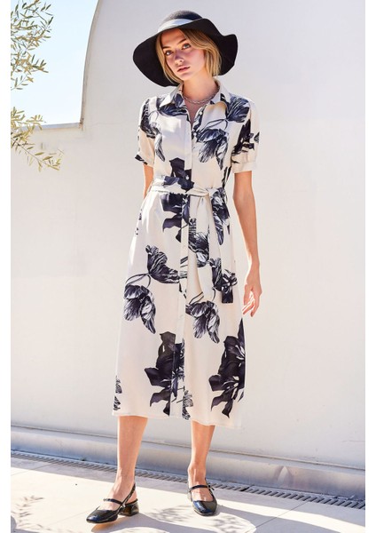 Kadın BDART Çiçek Desenli Midi Elbise, Kemer ve Gömlek Yaka ile Fildişi Doğal