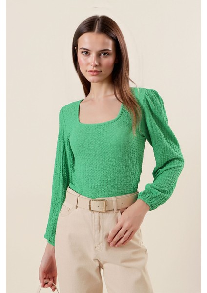 Kadın BDART Dokulu Kare Yaka Uzun Kollu Bluz Green