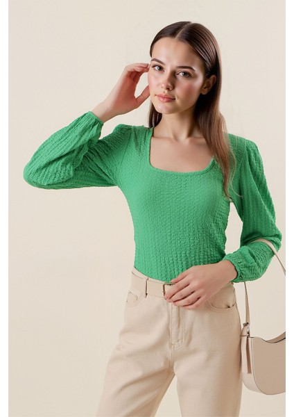 Kadın BDART Dokulu Kare Yaka Uzun Kollu Bluz Green