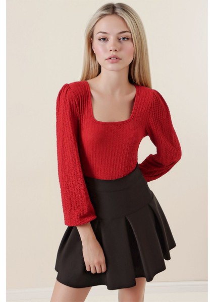 Kadın BDART Dokulu Kare Yaka Uzun Kollu Bluz Red indirimleri