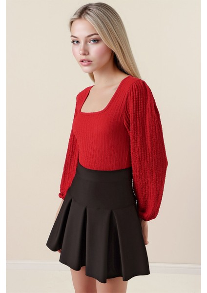 Kadın BDART Dokulu Kare Yaka Uzun Kollu Bluz Red