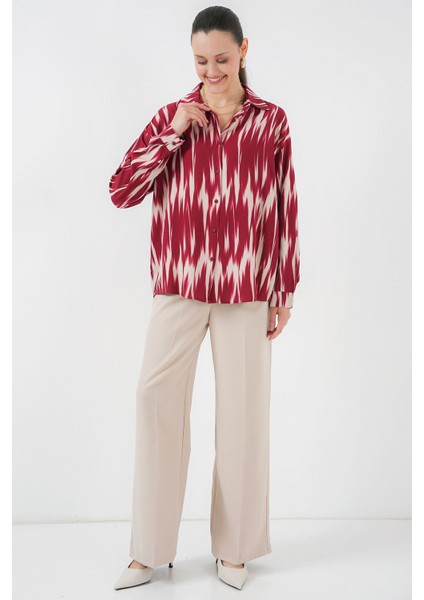 Kadın BDART Düğmeli Oversize Desenli Gömlek Red