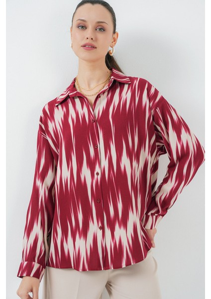 Kadın BDART Düğmeli Oversize Desenli Gömlek Red