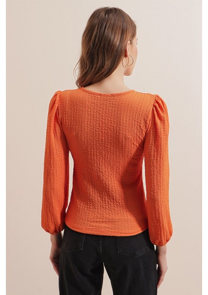 Kadın BDART Dokulu Kare Yaka Uzun Kollu Bluz Orange
