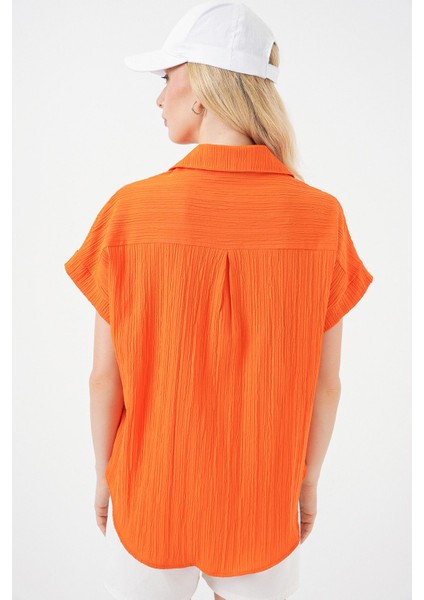 Kadın BDART Çizgili Poplin Düğmeli Gömlek Parlak Turuncu