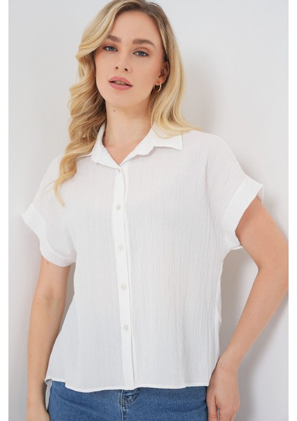 Kadın BDART Çizgili Poplin Düğmeli Gömlek Beyaz