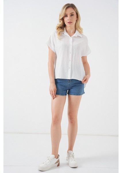 Kadın BDART Çizgili Poplin Düğmeli Gömlek Beyaz