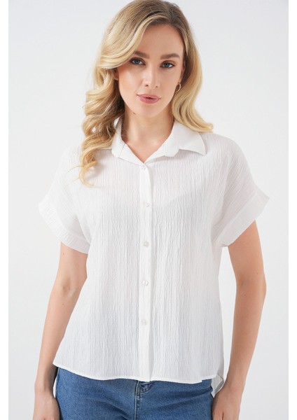 Kadın BDART Çizgili Poplin Düğmeli Gömlek Beyaz