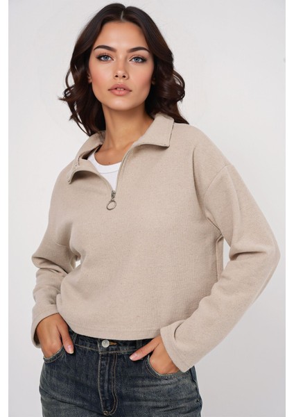 Kadın BDART Rahat Fit, Fermuarlı Yaka Kısa Kazak Krem Doğal fırsatları