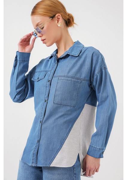 Kadın BDART Cep Detaylı Çizgili Denim Gömlek Maya Mavisi