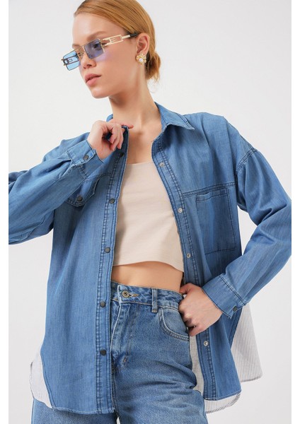 Kadın BDART Cep Detaylı Çizgili Denim Gömlek Maya Mavisi