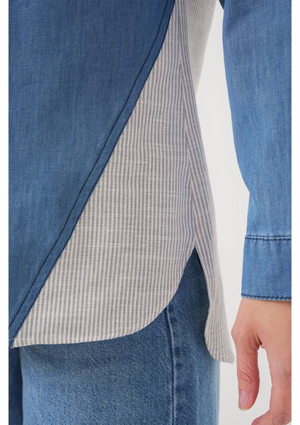Kadın BDART Cep Detaylı Çizgili Denim Gömlek Maya Mavisi