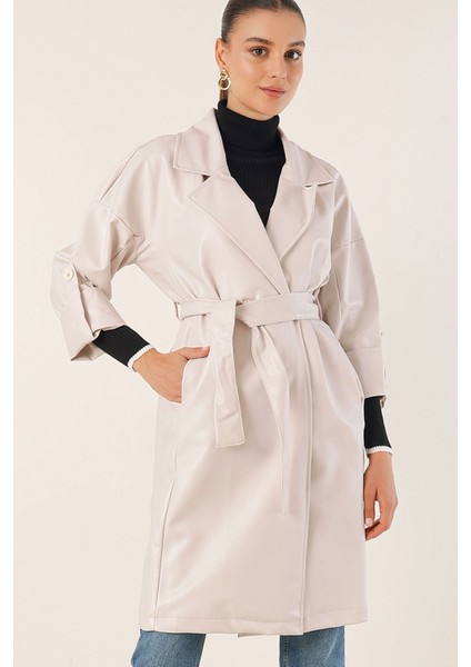 Kadın BDART Bağcıklı Suni Deri Trençkot Fildişi Doğal