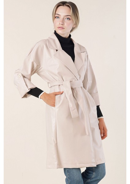 Kadın BDART Bağcıklı Suni Deri Trençkot Fildişi Doğal